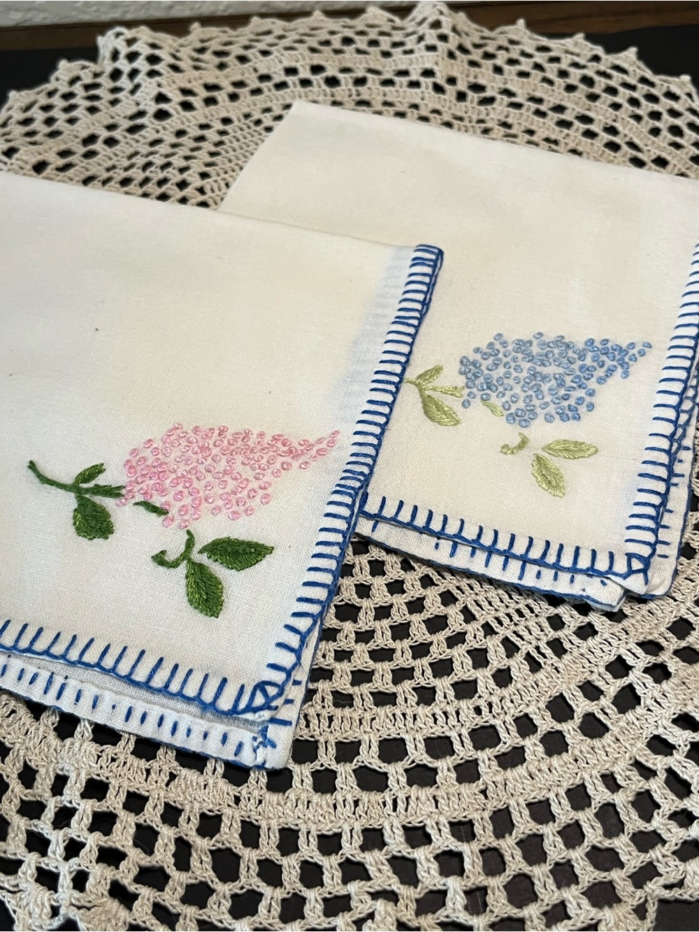 Vintage Embroidered Grape Napkins Set of 2 • Pink & Blue